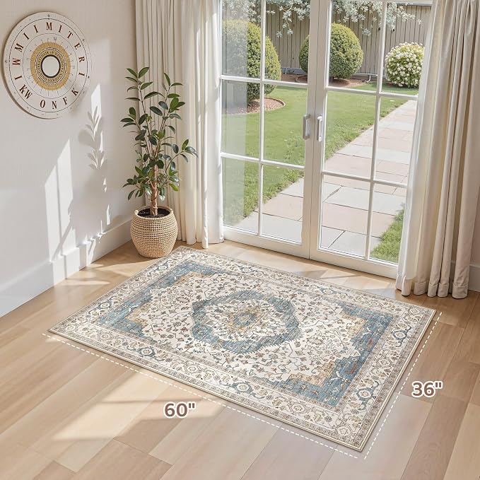 3x5 Washable Entryway Rug: Non-Slip Soft Vintage Floral Indoor Area Rug - Image 2
