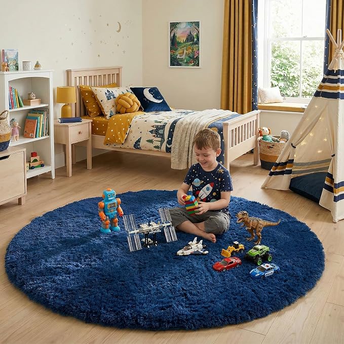 Navy Blue Round Rug 7Ft for Living Room Bedroom, Large Fluffy Fuzzy Circle Area - Image 5
