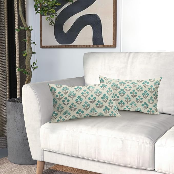 Teal Grey Gray Floral Pillow Covers 12x20 Inch Set of 2, Block Print Lumbar - Image 6
