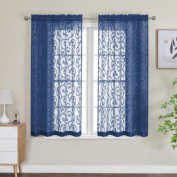 OWENIE Furman Blue Sheer Curtains 45 Inch Length 2 Panels Set - Image 2
