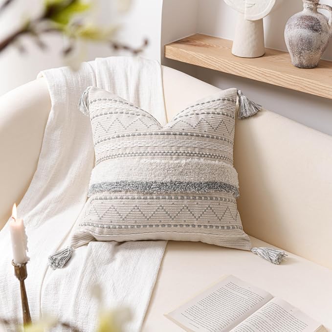 BlissBlush Gray Decorative Throw Pillow Covers 18X18 Combo Set of 2 Square Boho - Image 9