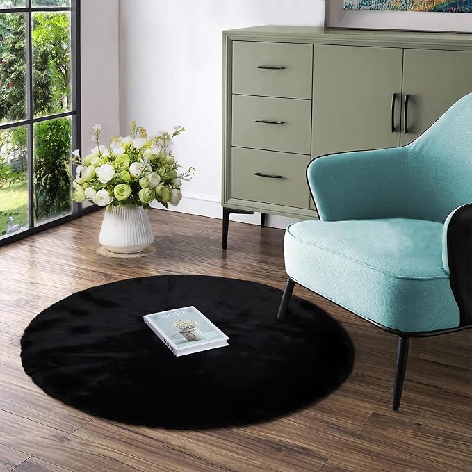 Latepis Black Round Rug 3ft Fluffy Faux Rabbit Fur Furry Shag Rug Washable by Latepis