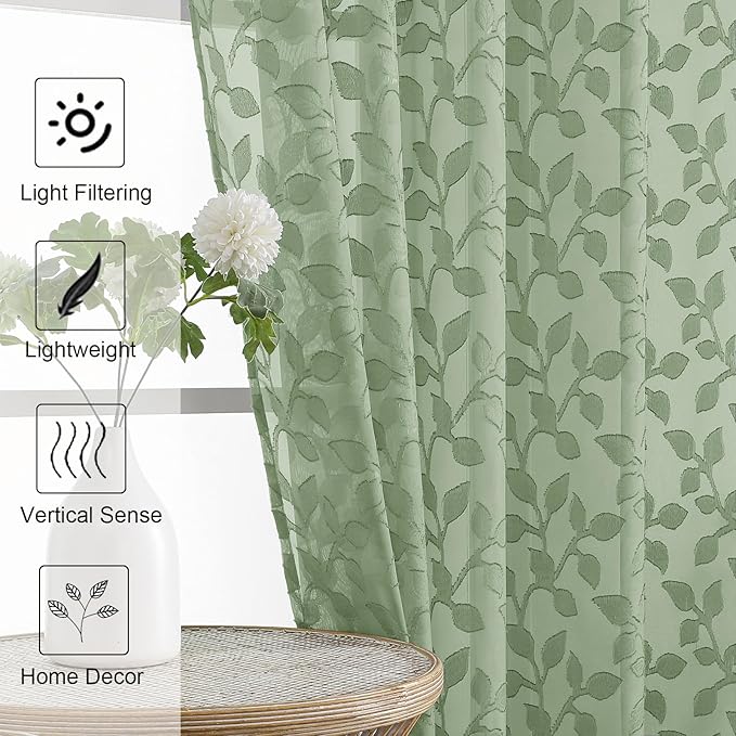 Chyhomenyc Extra Long Sage Green Sheer Curtains 108 Inch Length 2 Panels Set - Image 6