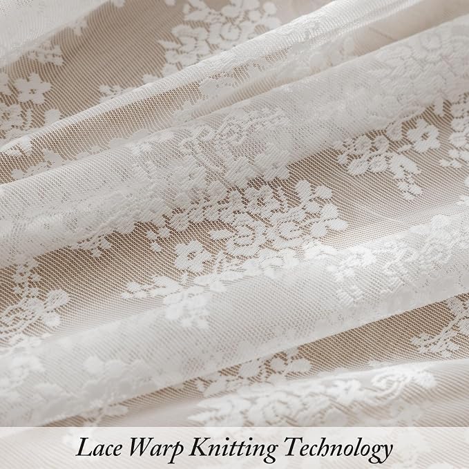 Rinwoc White Lace Semi-Sheer Valance Cafe Curtains – Vintage Floral Lace Tiers - Image 8