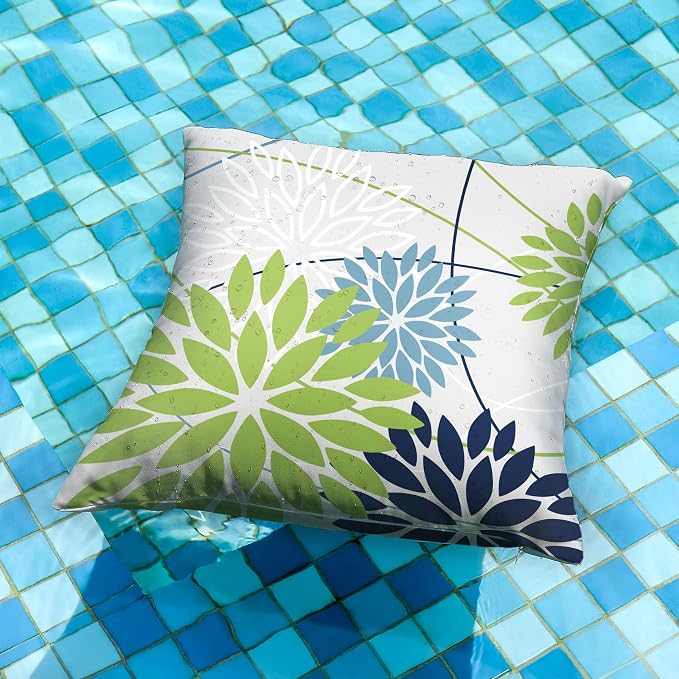 Green and Dark Light Blue Floral Pillow Covers 18x18 Set of 2 Outdoor Pillows - Image 4