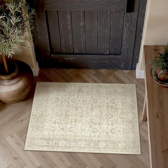 PureCozy Beige Entryway Rug 2x3 Vintage Area Carpet Indoor Kitchen Washable by PureCozy