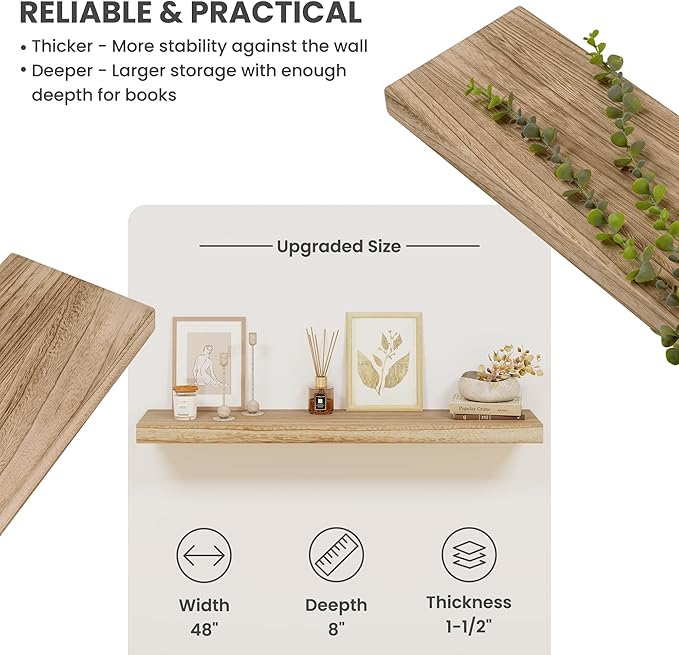 Solid Wood Floating Shelves for Wall 48"W x 8"D x 1.56"H Set of 2, Deep Wall - Image 4