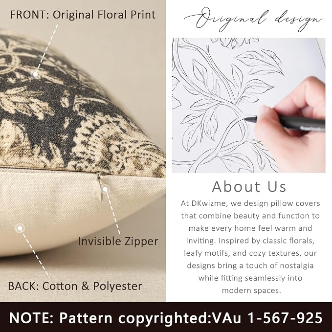 Vintage Floral Print Throw Pillow Covers 26x26 Set of 2 Neutral Modern - Image 3