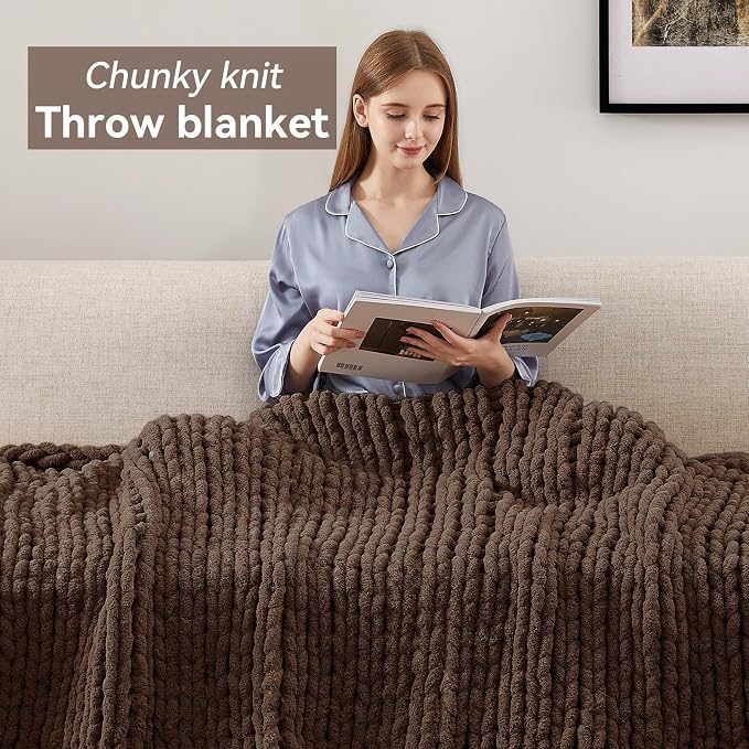 Negwoo Chunky Knit Throw Blanket, Handmade Dark Brown Crochet Big Thick Blanket - Image 7