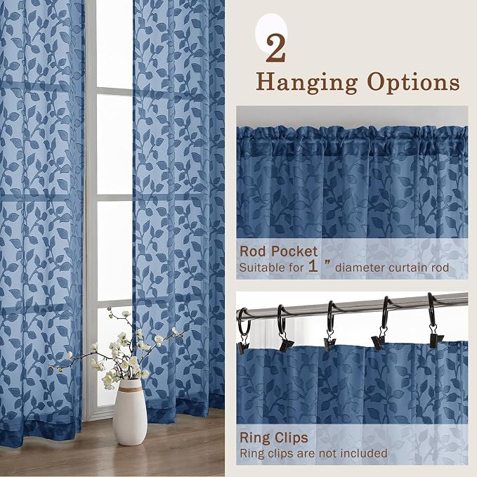 Chyhomenyc Dusty Blue Sheer Curtains 24 Inch Length, Light Filtering Leaf - Image 7