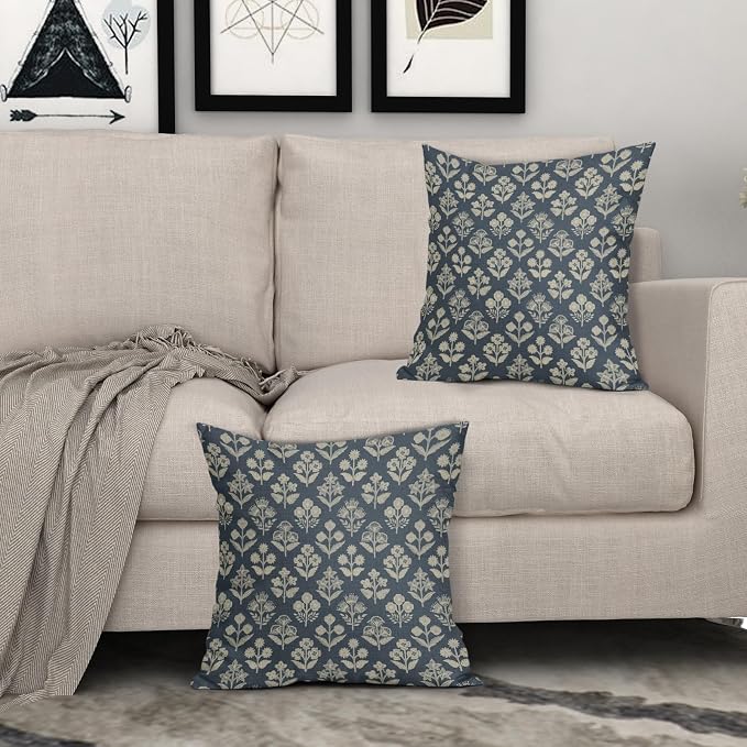 Dusty Blue Floral Pillow Covers 24x24 Inch Set of 2, Vintage Flower Block - Image 3