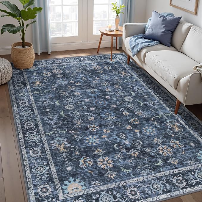Tangsoo 4x6 Washable Area Rugs Non Slip, Boho Distressed Vintage Blue Floral by Tangsoo