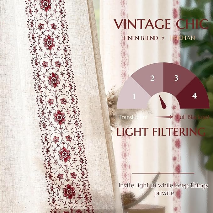 jinchan Boho Curtains for Bedroom Red Vintage Floral Farmhouse Curtains 63 Inch - Image 6