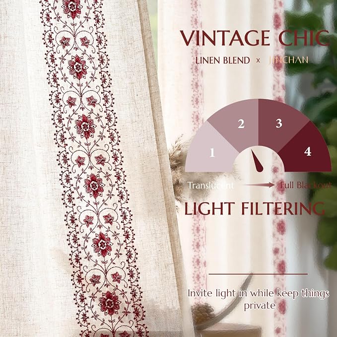 jinchan Boho Curtains for Bedroom Red Vintage Floral Farmhouse Curtains 84 - Image 6