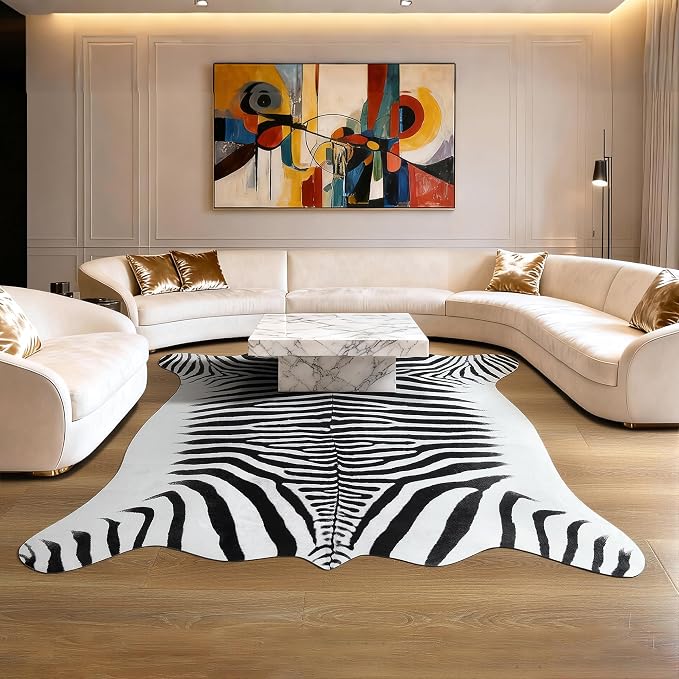 Easycozy Faux Zebra Pattern Rug: 5.2 x 6.2 Bold Zebra Stripe Faux Cowhide Area - Image 6