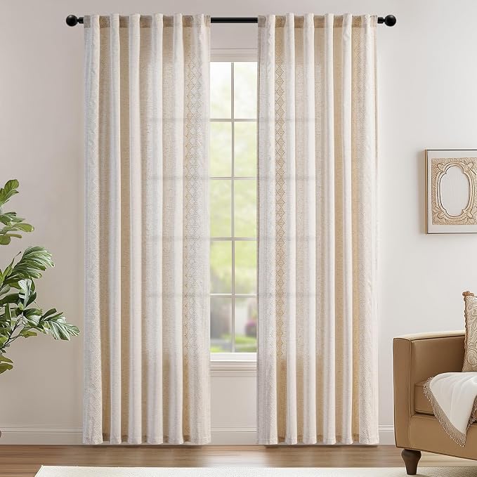 jinchan Boho Curtains Linen Blend Ivory Farmhouse Curtains 84 Inches Long - Image 2