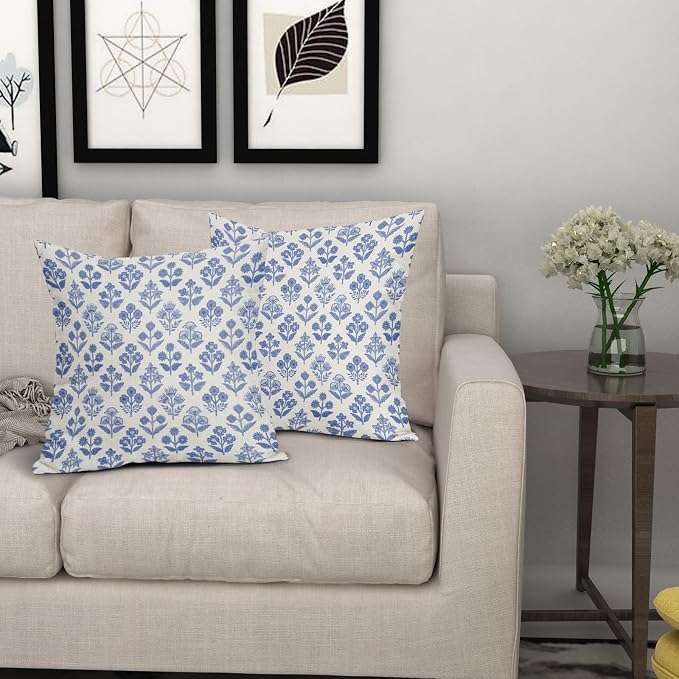 Blue Floral Pillow Covers 24x24 Inch Set of 2, Vintage Flower Block Print - Image 7
