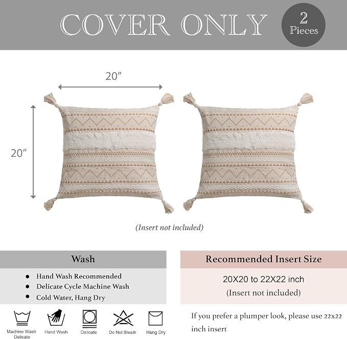 BlissBlush Decorative Throw Pillow Covers 20x20 Combo Set of 2 Square Cream - Image 7