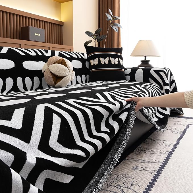 VClife Minimalism Tribal Couch Cover Non Slip White Black Geometric Jacquard - Image 8