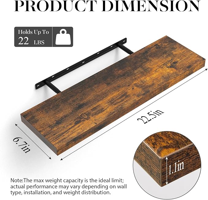 BAYKA Floating Shelves, 22.5 inches Rustic Wood Wall Shelves - Image 3