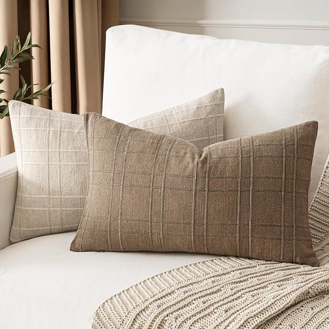 MIULEE Decorative Linen Check Lumar Throw Pillow Covers Neutral Farmhouse - Image 3