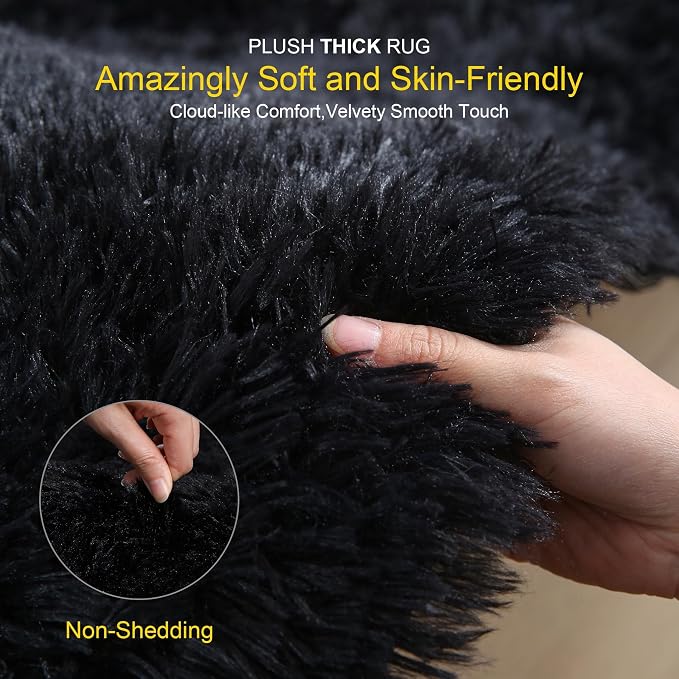 KICHOWUA Thick Area Rug Black Fluffy Shag 5x7 - Image 3