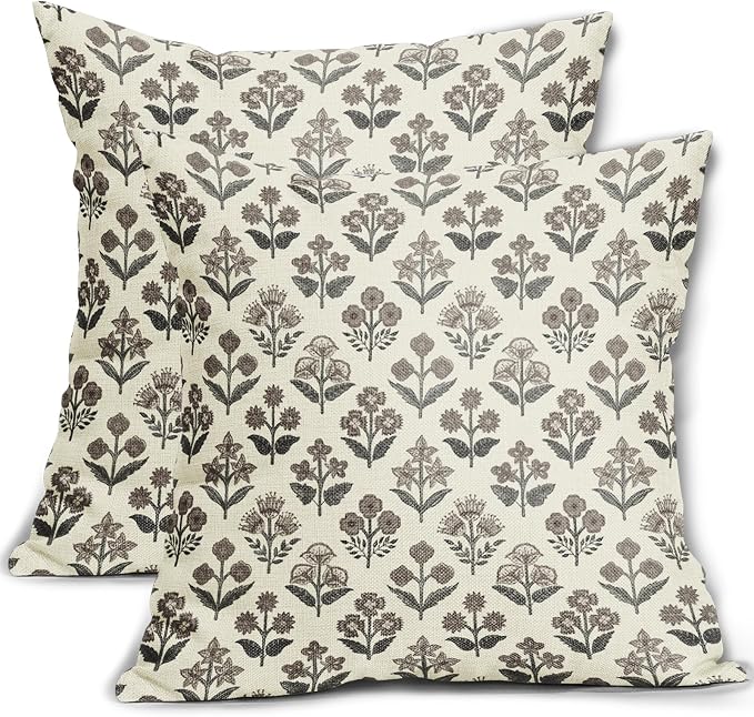 Black Dark Brown Floral Pillow Covers 16x16 Inch Set of 2, Vintage Flower Block by Sivirary