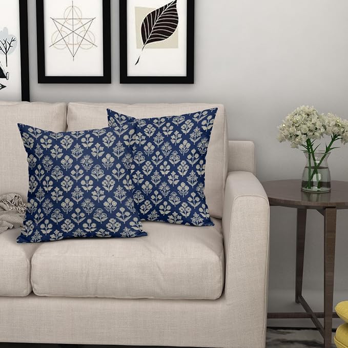 Dark Blue Floral Block Print Pillow Covers 18x18 Inch Set of 2, Vintage Flower - Image 7