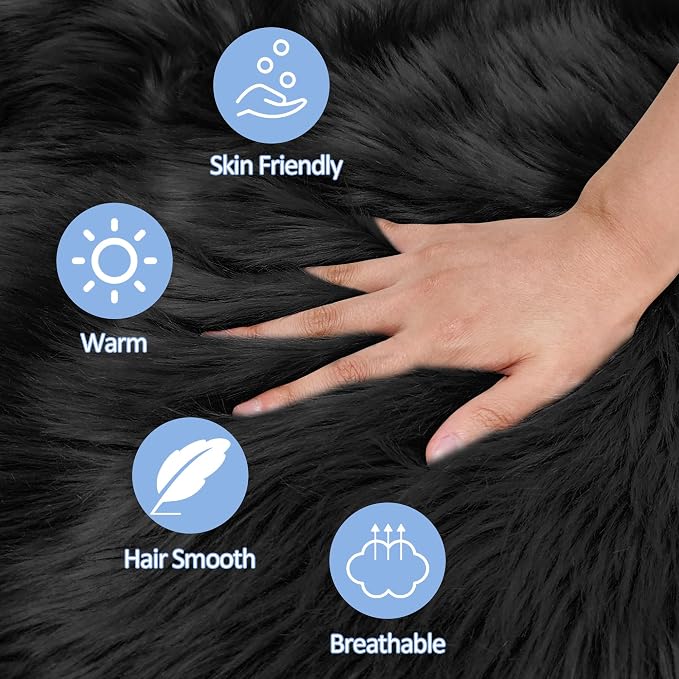 Small Black Round Rug 2ft for Bedroom, Faux Fur Fluffy Circle Rug Furry Carpet - Image 4