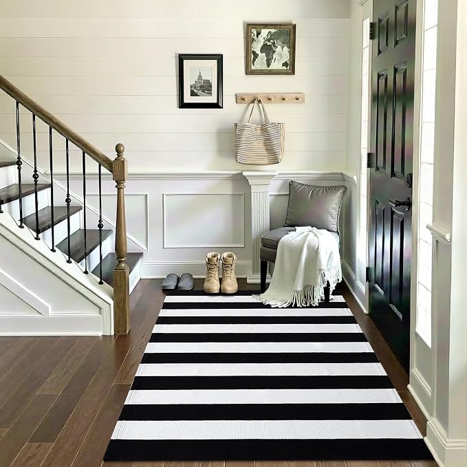 OLANLY Black and White Striped Rug 3' x 5' – Washable Cotton Indoor Outdoor - Image 5
