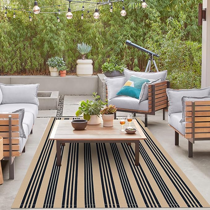 IOHOUZE Black and Tan Striped Rug 5'x7' Indoor Outdoor Rug, Washable Area Rug - Image 4