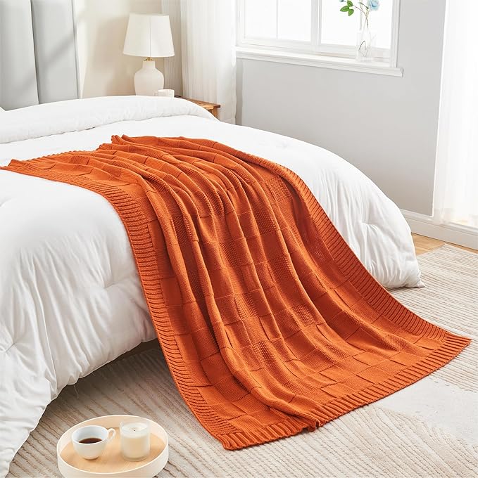 CozeCube Check Knit Throw Blanket, Rust Orange Checkered Throw - Image 7