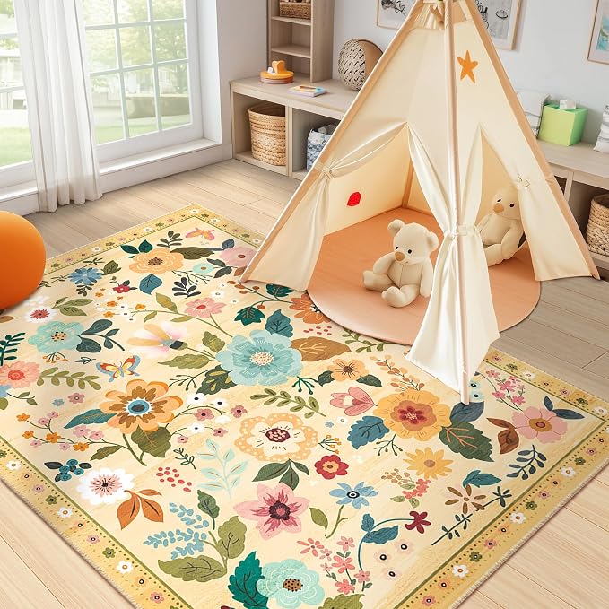 RELEANY Floral Nursery 4x6 Area Rugs Washable Print Boho Cute Carpet Non Slip - Image 2