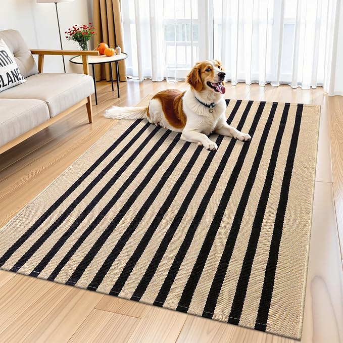OLANLY Brown and Black Striped Rug 4' x 6' – Washable Cotton Doormat by OLANLY