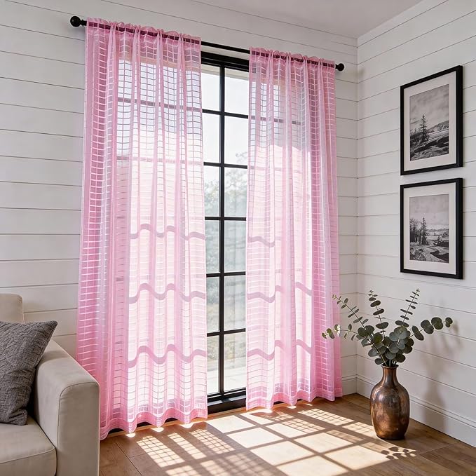 SpaceDresser Check Sheer Curtains 108 Inches 2 Panels Set, Rod Pocket Plaid - Image 4