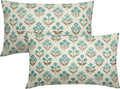 Brown Cyan Floral Pillow Covers 12x20 Inch Set of 2, Block Print Lumbar Flower by Sivirary