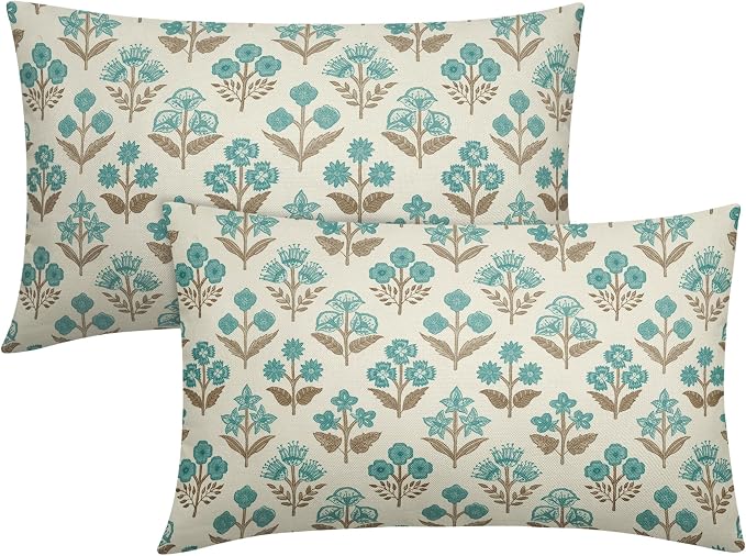 Brown Cyan Floral Pillow Covers 12x20 Inch Set of 2, Block Print Lumbar Flower by Sivirary