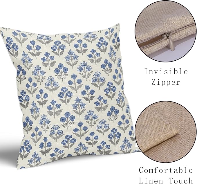 Blue Grey Gray Floral Block Print Pillow Covers 20x20 Inch Set of 2, Vintage - Image 4