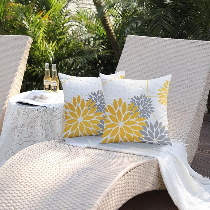DFXSZ Yellow and Grey Floral Pillow Covers 18x18 Set of 2 Outdoor Waterproof - Image 5