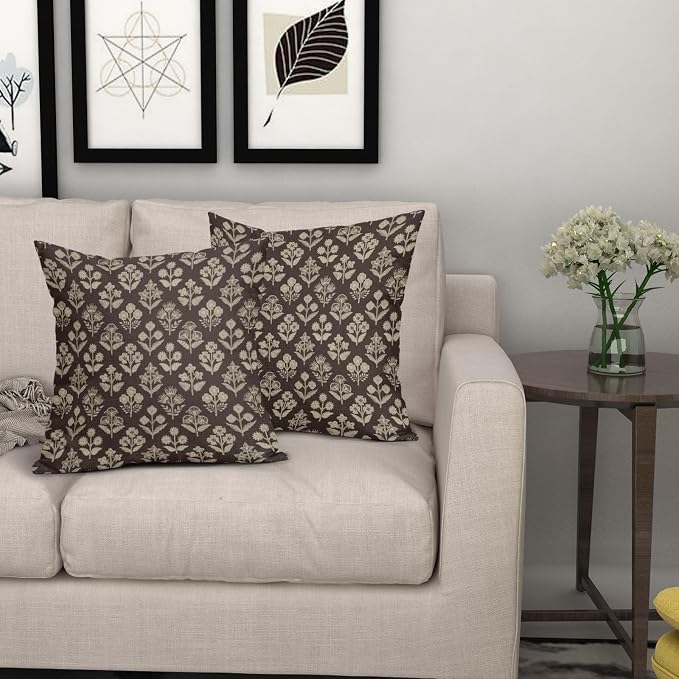 Dark Brown Floral Block Print Pillow Covers 18x18 Inch Set of 2, Vintage Flower - Image 7