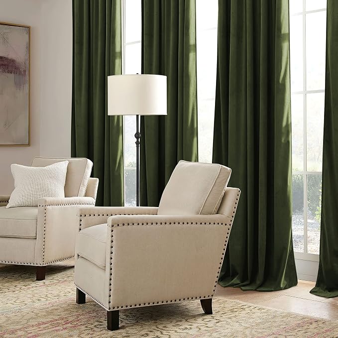 RYB HOME Green Velvet Curtains 108 inch, Solid Room Darkening Window Curtains - Image 5