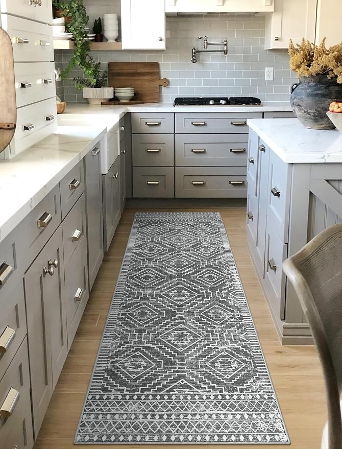 Wonnitar Moroccan Washable Kitchen Runner Rug 2'6"x8', Non-Slip Dark Grey Boho - Image 4