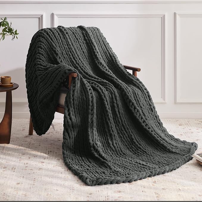 Negwoo Chunky Knit Throw Blanket, Handmade Dark Grey Crochet Big Thick Blanket - Image 2