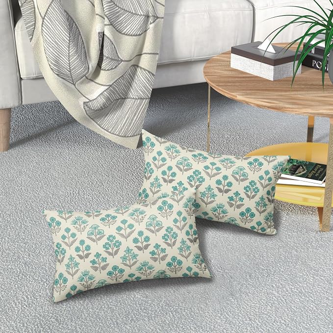Teal Grey Gray Floral Pillow Covers 12x20 Inch Set of 2, Block Print Lumbar - Image 7