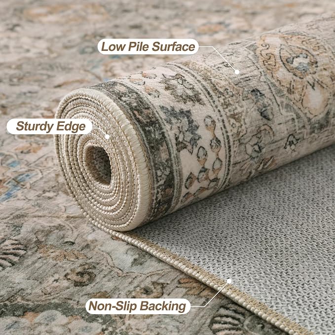 Tangsoo 5x7 Area Rug for Living Room Non Slip, Washable Vintage Beige Grey - Image 5