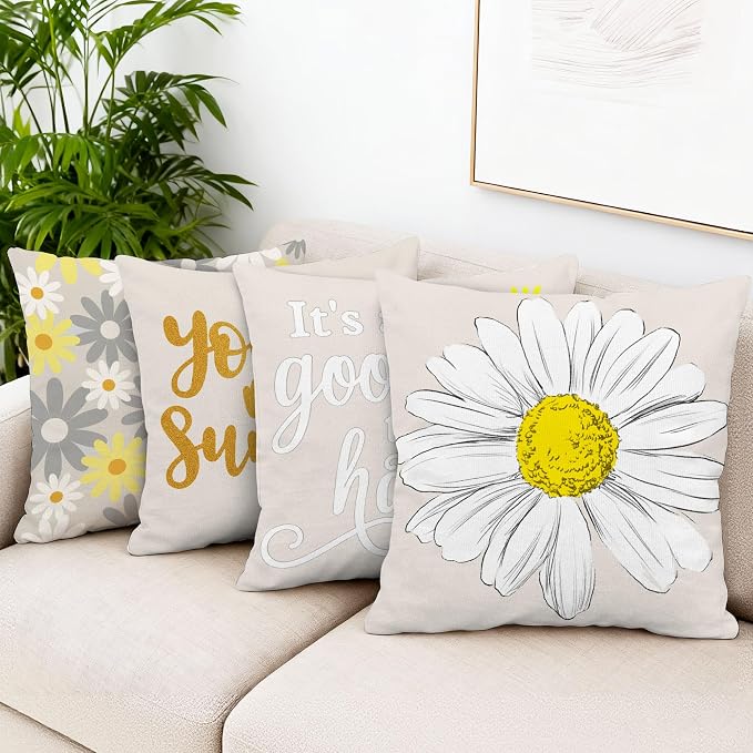 Hexagram Spring Summer Pillow Covers 20x20 Set of 4, Outdoor Floral Daisy - Image 2