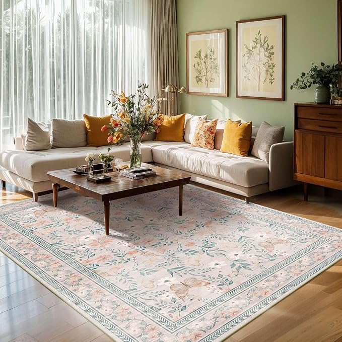 Rugxara Pink Floral 5x7 Washable Area Rug, Vintage Boho Non Slip, Low Pile Rugs - Image 3