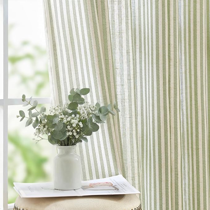 jinchan Linen Curtains for Living Room Sage Green Striped Curtains for Bedroom - Image 5