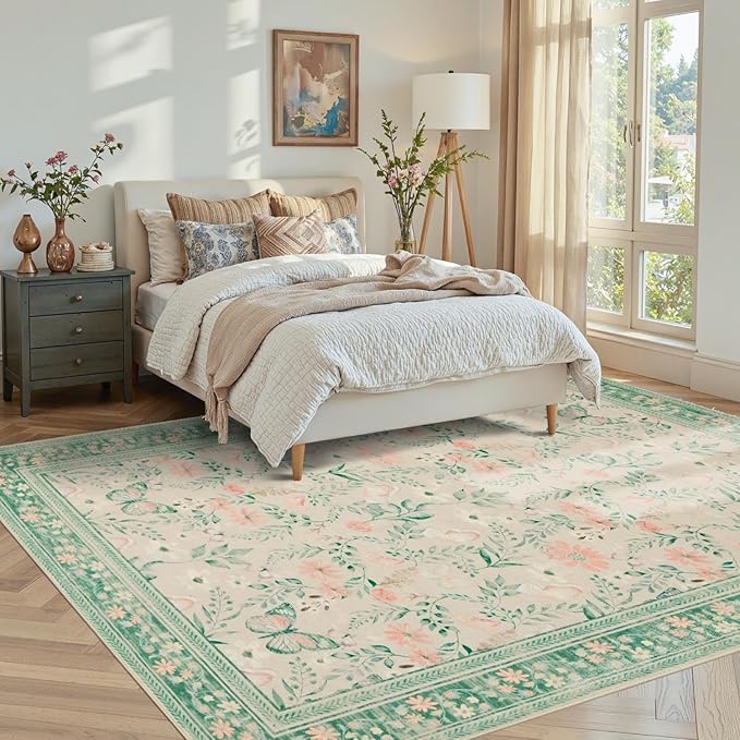 Rugxara Green Floral Rug for Living Room Bedroom, 5x7 Washable Rug, Vintage - Image 3