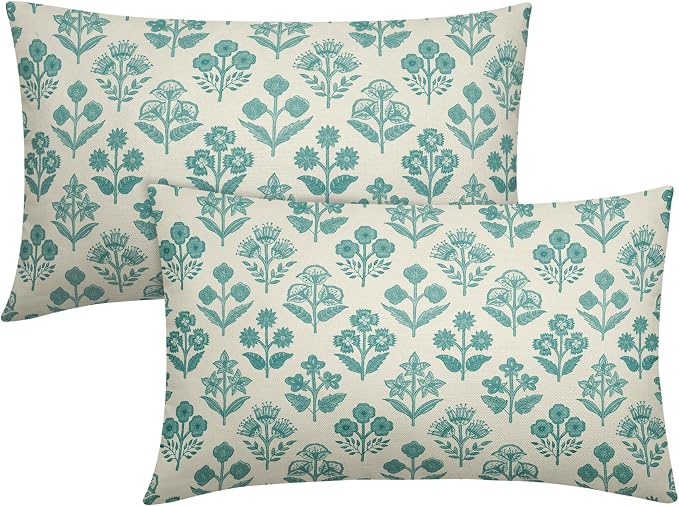 Teal Floral Pillow Covers 12x20 Inch Set of 2, Block Print Lumbar Flower Cream by Sivirary